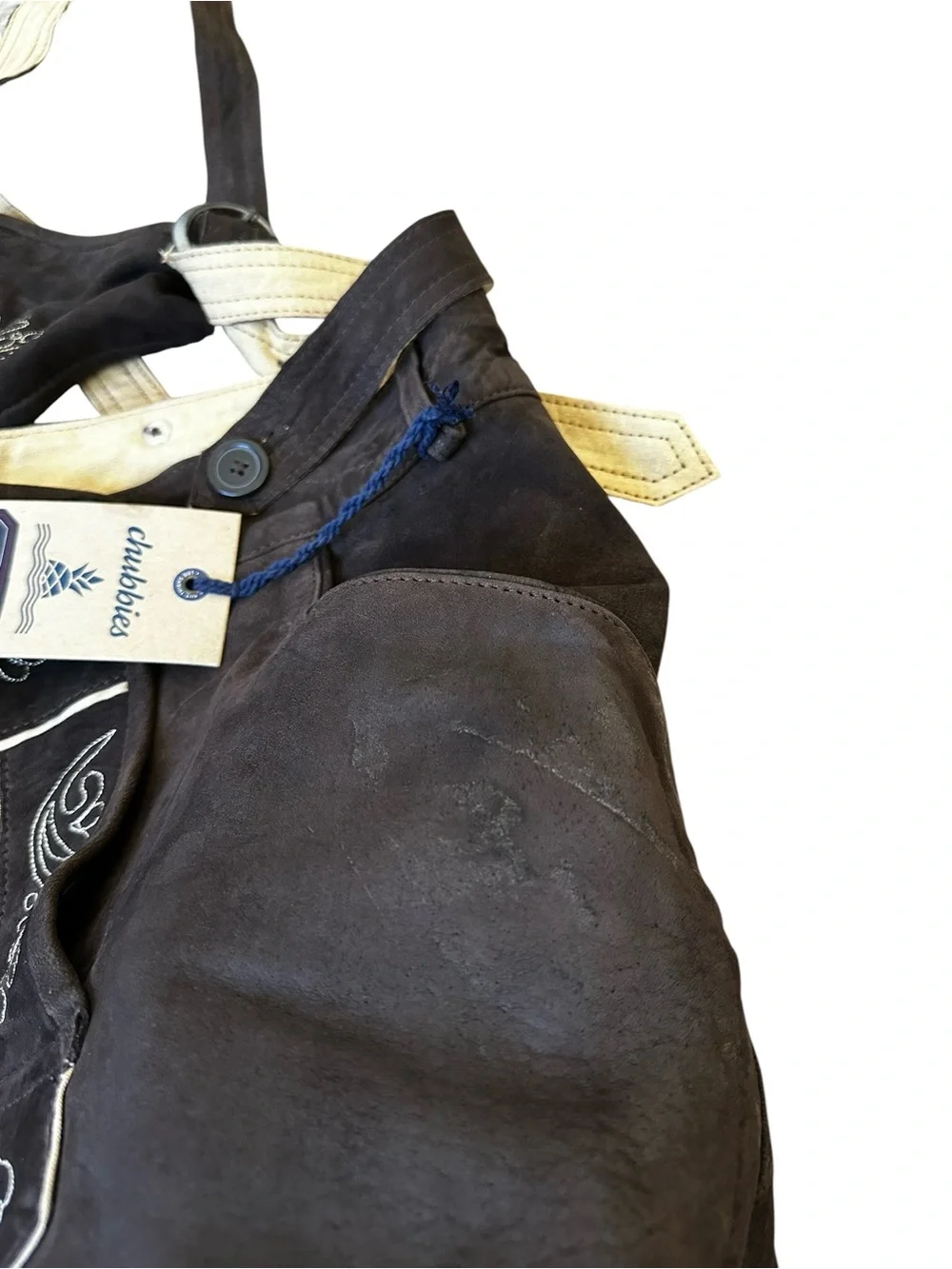 SOLD-Chubbies Mens XL Brown Suede Lederhosen Oktoberfest Festival Rustic
